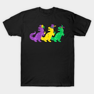 Kids Trex Dinos Purple Yellow Green Boys Mardi Gras Kids T-Shirt